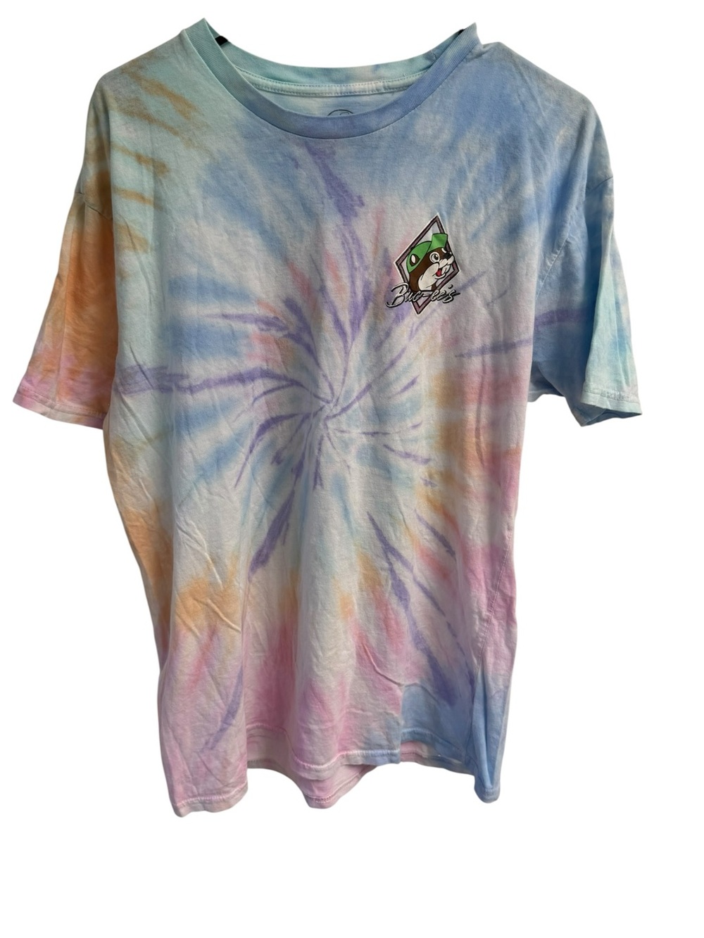 Buc-ee’s Pastel Spiral Tie-Dye Tee with Small Mascot Logo 100%‎ Cotton L